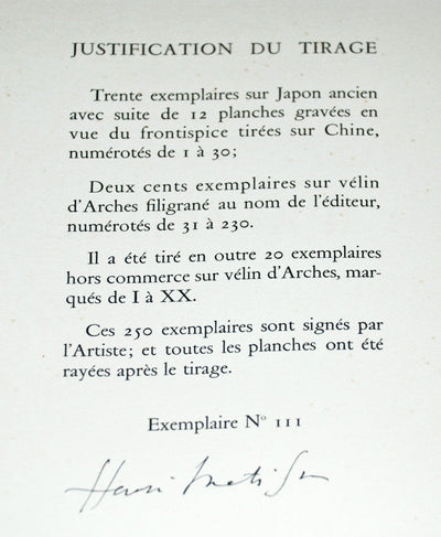 Henri Matisse Pasiphae Justification Page (Duthuit 10) 1944