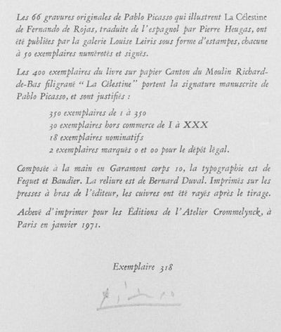 Pablo Picasso La Celestine Justification Page (Cramer 149; Published By Fequet et Baudier, Paris) 1971