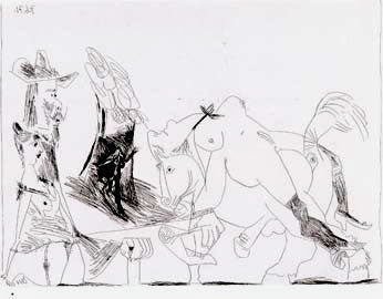 Pablo Picasso Souvenirs. Espagne avec Femme Pamee sur Cheval Amouroux 1971