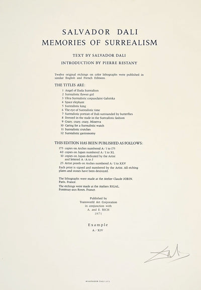 Salvador Dali Memories of Surrealism Justification Page (Field 71-15 A-L) 1971