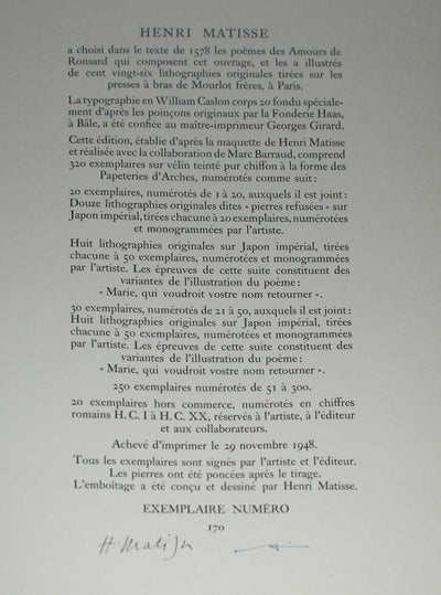 Henri Matisse Florilege des Amours, Justification Page (Duthuit 25) 1948