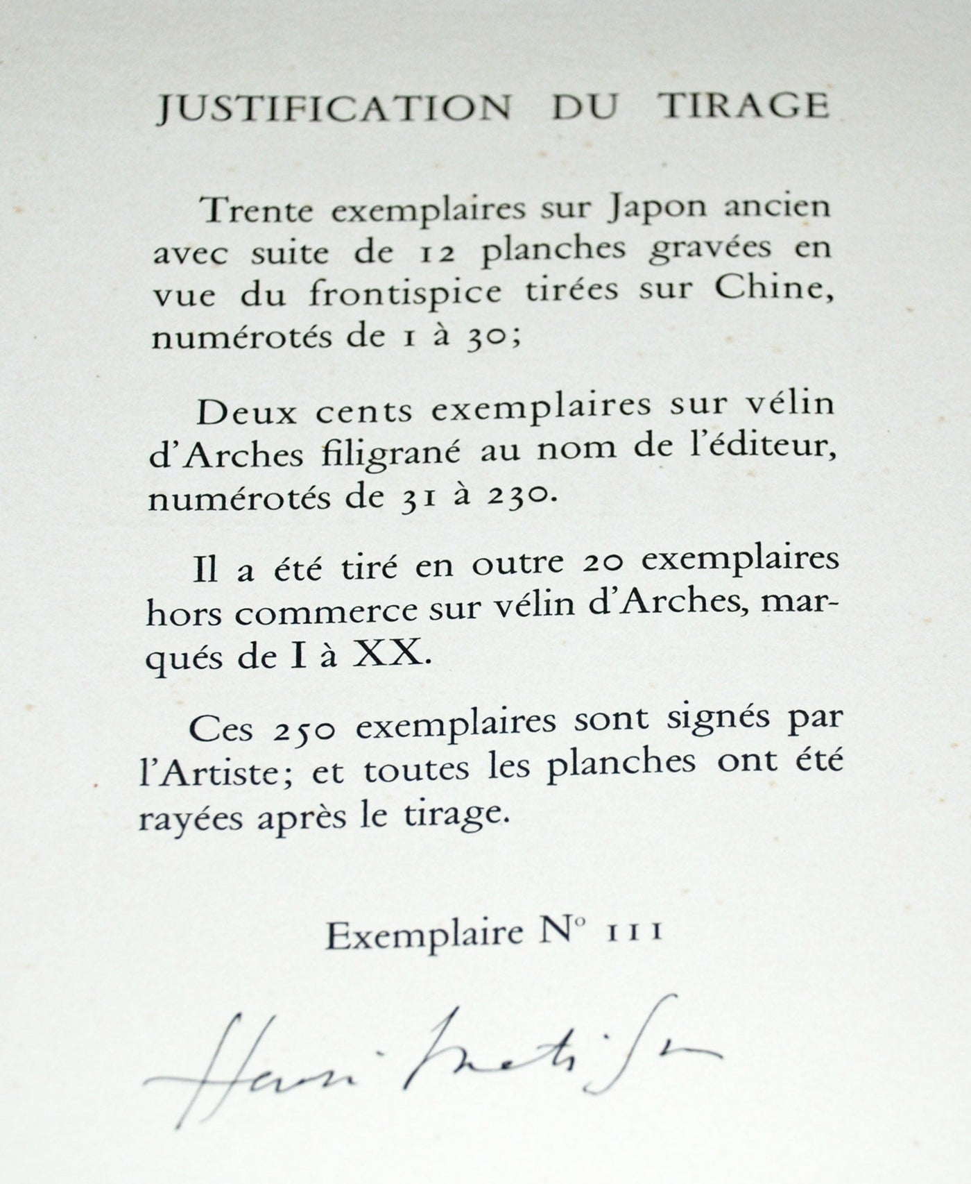 Henri Matisse Pasiphae Justification Page (Duthuit 10) 1944