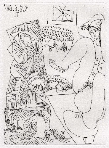 Pablo Picasso Jeune Femme Montrant son Sexe a Deux Courtisans (Cramer 149; Published By Fequet et Baudier, Paris) 1971