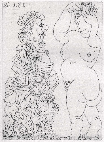 Pablo Picasso Jeune Femme Montrant son Sexe a Deux Courtisans (Cramer 149; Published By Fequet et Baudier, Paris) 1971