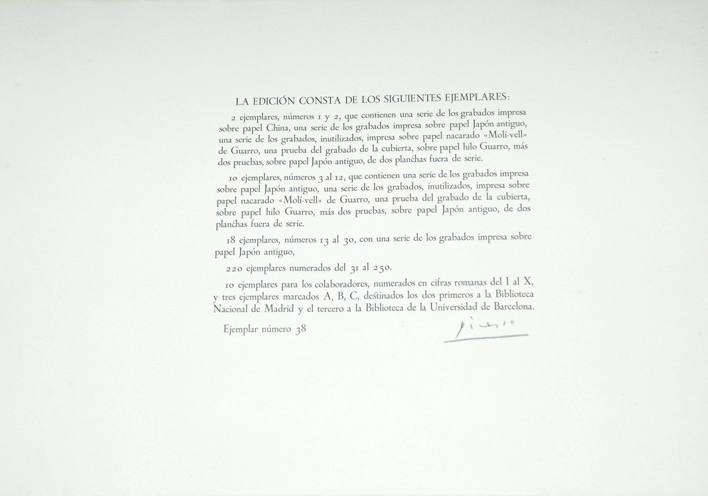 Pablo Picasso La Tauromaquia Justification Page (Baer 954, Cramer 100) 1959