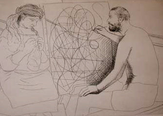 Pablo Picasso Le Chef-d'Oeuvre Inconnu (Plate IV: Painter in Front of his Easel with Model Knitting) (Cramer 20 Bloch 85) 1931