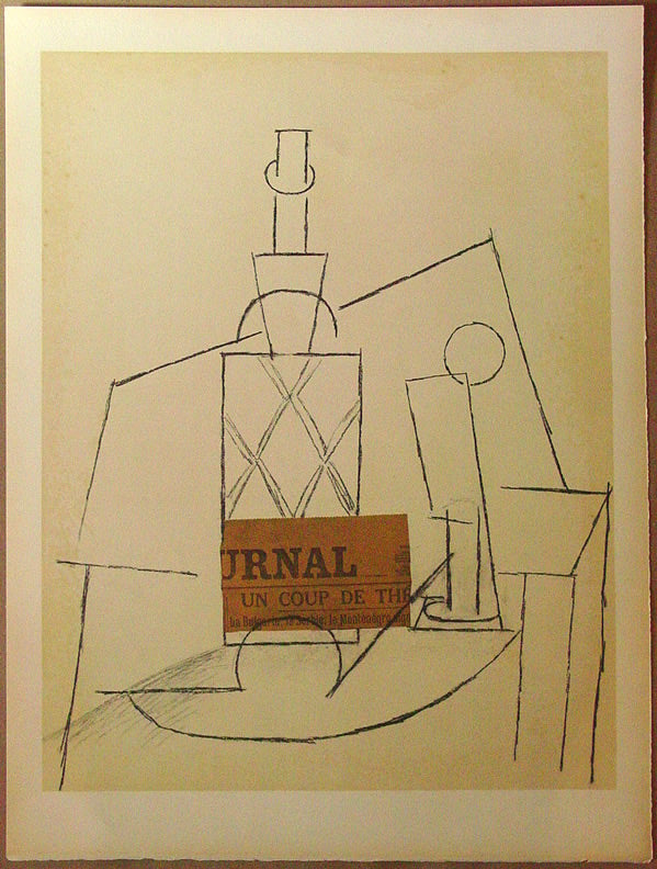 Pablo Picasso (after) Papiers Colles 1910-1914 (Bouteille de Rhum Paille, Verre et "Le Journal") (Cramer 137) 1966