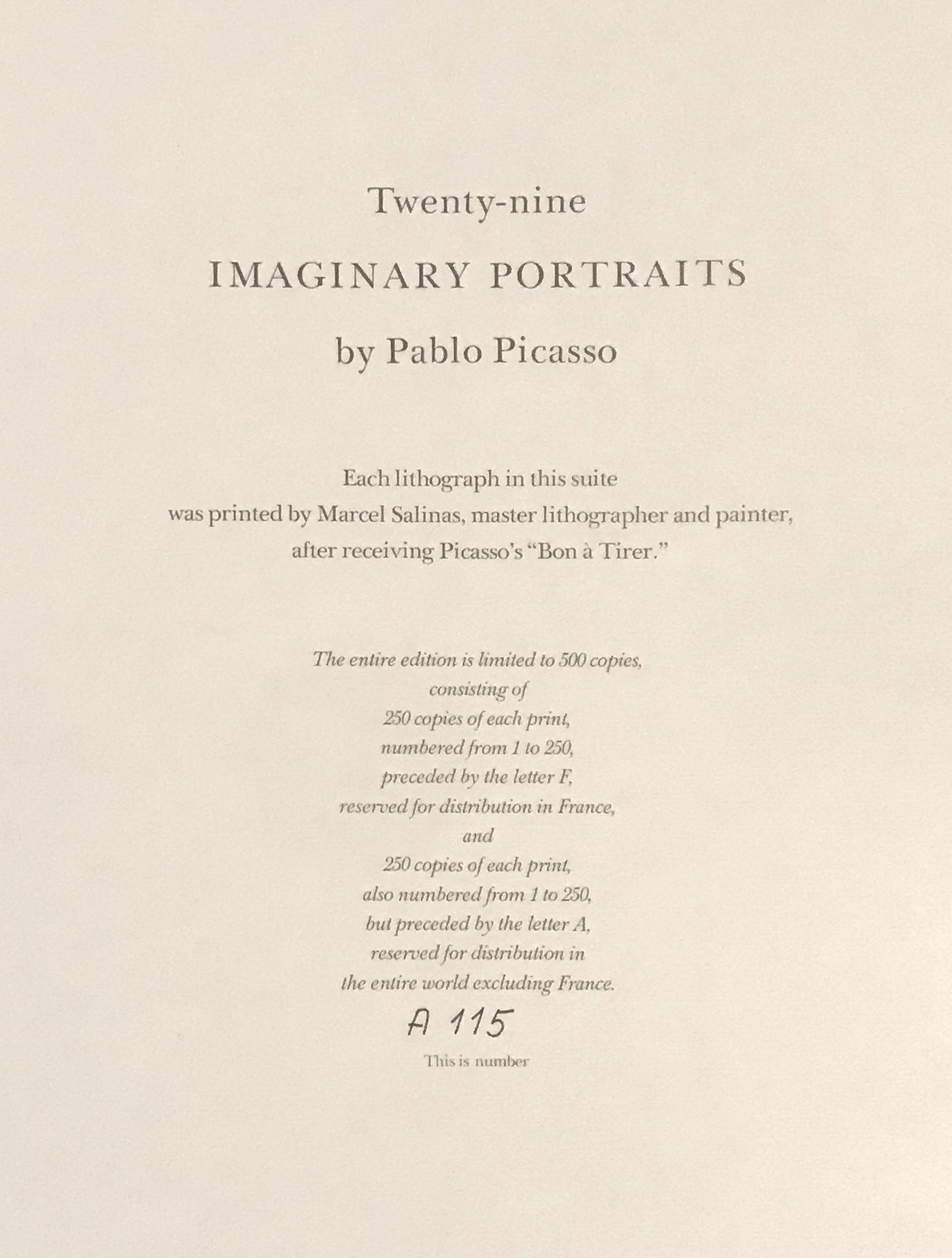 Pablo Picasso (after) Portraits Imaginaires Portfolio Cover and Justification Page 1969